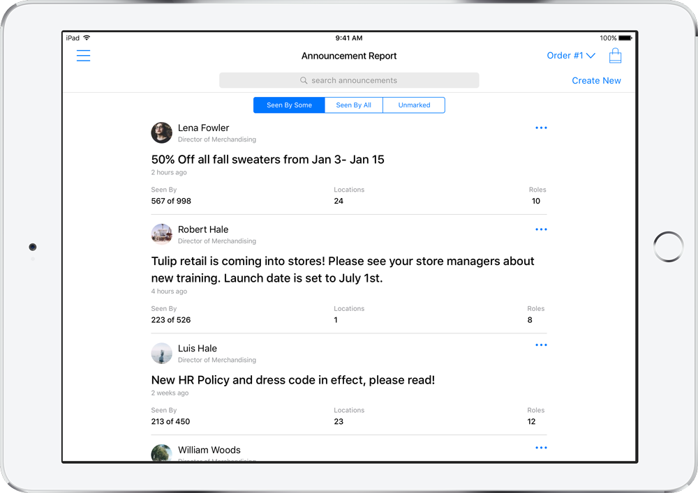 Announcements in the Tulip Retail Store Communications app