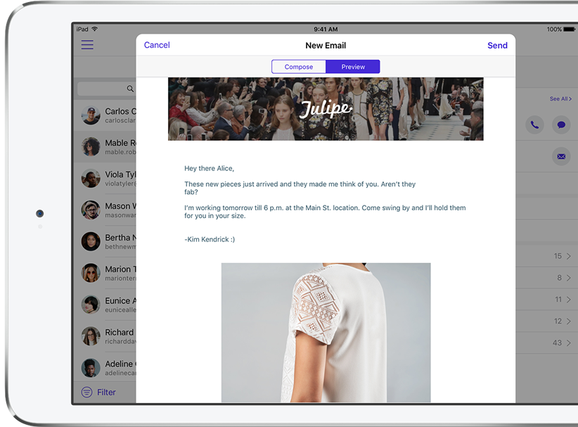 Create and preview emails in the Tulip Retail Turnkey Clienteling app